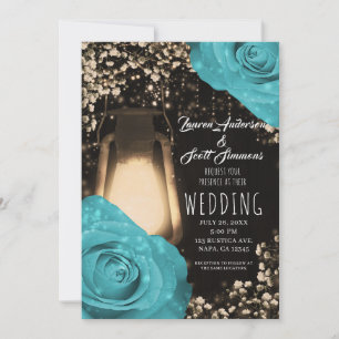 Rustikale Glow-Laterne Türkisblaue Rosen Hochzeit Einladung