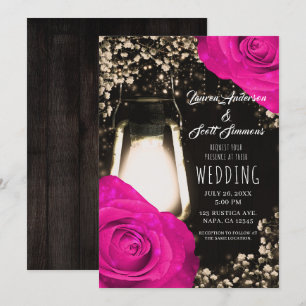 Rustikale Glow-Laterne und Fuchsienrosa Hochzeit Einladung