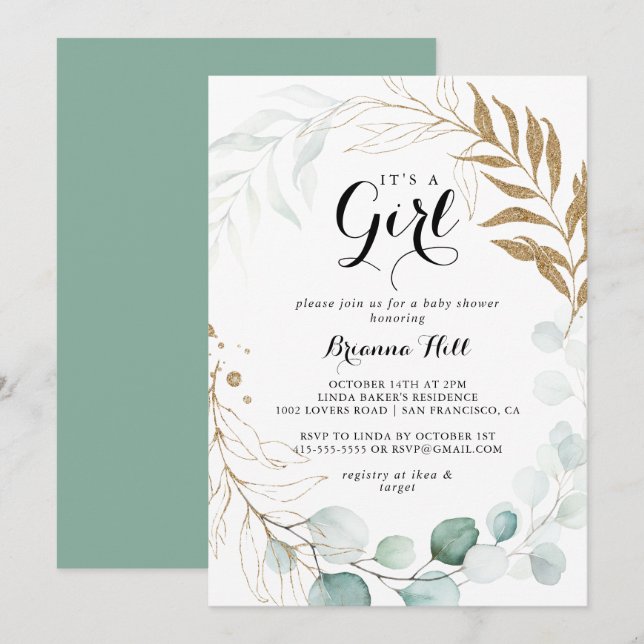 Rustikale Gold Floral Es ist eine Girl Baby Dusche Einladung (Vorne/Hinten)
