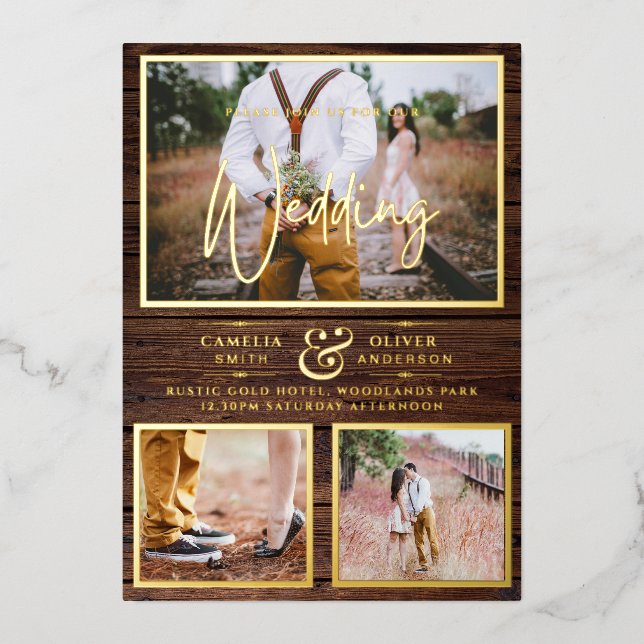 Rustikale GOLD FOIL Foto Collage Wood Wedding Folieneinladung (Vorderseite)
