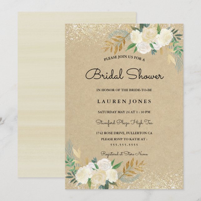 Rustikale Gold Glitzer Floral Brautparty Card Einladung (Vorne/Hinten)