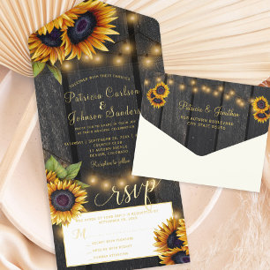 Rustikale goldene Sonnenblumen Holz Hochzeitgold-F All-in-One-Einladung