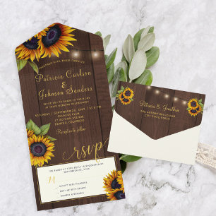 Rustikale goldene Sonnenblumen Holzlichter Hochzei All In One Einladung