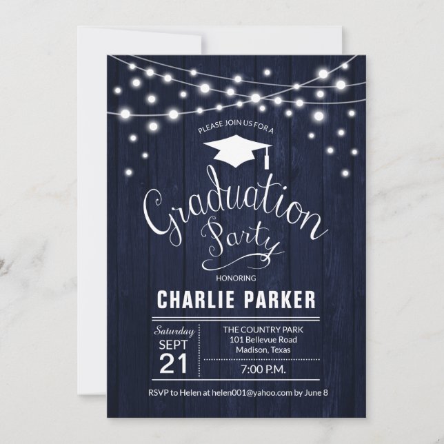 Rustikale Graduierungspartei Navy Blue Wood Muster Einladung (Vorderseite)