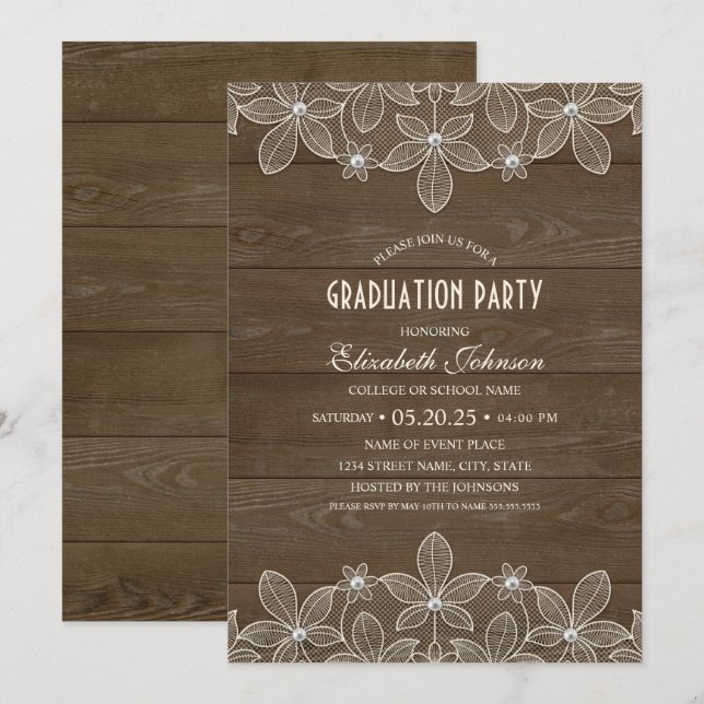 Rustikale Graduierungspartei Wood Lace Pearl Grad Einladung (Vorne/Hinten)