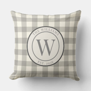Rustikale graue Gingham-Monogramm-Familienwappen Kissen