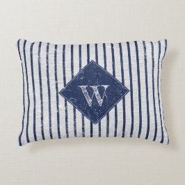 Rustikale graue Linen und Navy Blue Stripes Monogr Dekokissen