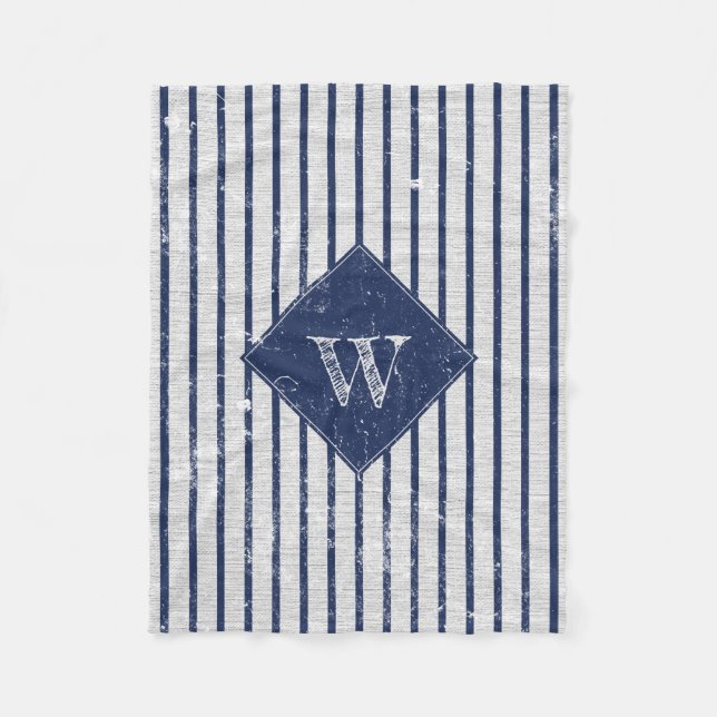 Rustikale graue Linen und Navy Blue Stripes Monogr Fleecedecke (Vorderseite)