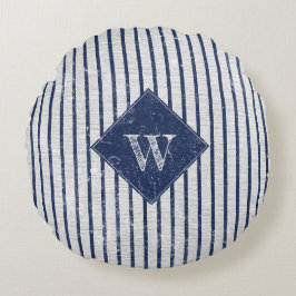 Rustikale graue Linen und Navy Blue Stripes Monogr Rundes Kissen