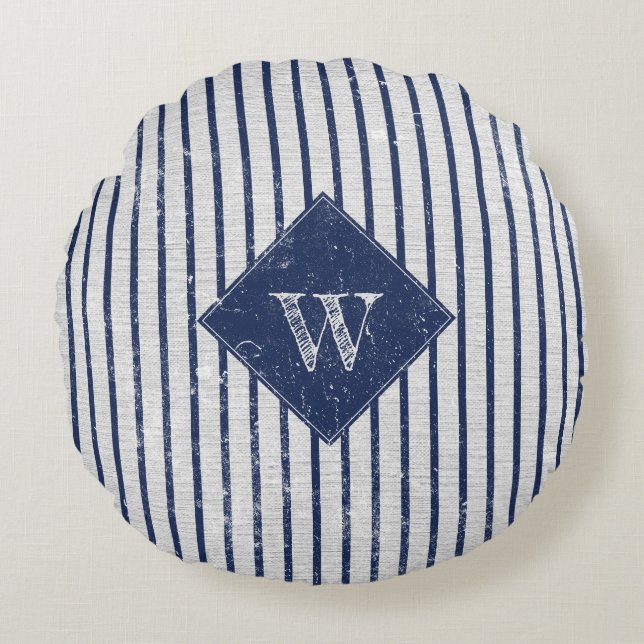 Rustikale graue Linen und Navy Blue Stripes Monogr Rundes Kissen (Vorderseite)