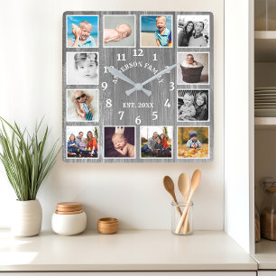 Rustikale graue Scheunenholz-Farmhouse 12-Foto-Col Quadratische Wanduhr