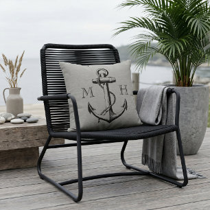 Rustikale graue Vintage-Anker-Hochzeitsmonogramm Kissen