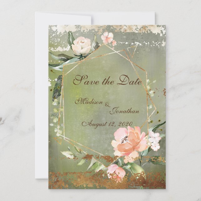Rustikale Green Floral Gold-Script-Hochzeit Save The Date (Vorderseite)
