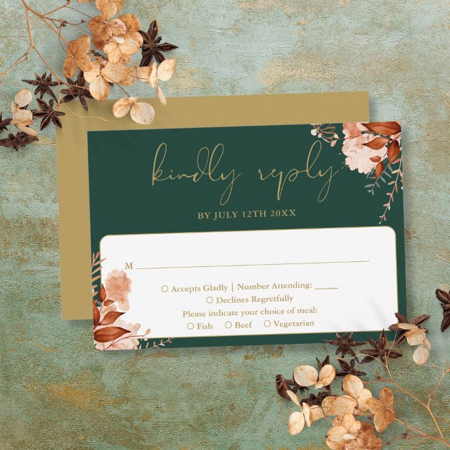 Rustikale, grün-goldene Hochzeit RSVP Karte (Rustic Floral Emerald Green And Gold Wedding RSVP Card)