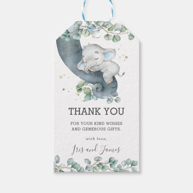 Rustikale Grünanlage Elephant Boy Baby Dusche Dank Geschenkanhänger (Vorderseite)