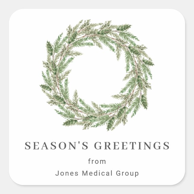 Rustikale Grünanlage Pine Wreath Business Holiday Quadratischer Aufkleber (Vorderseite)