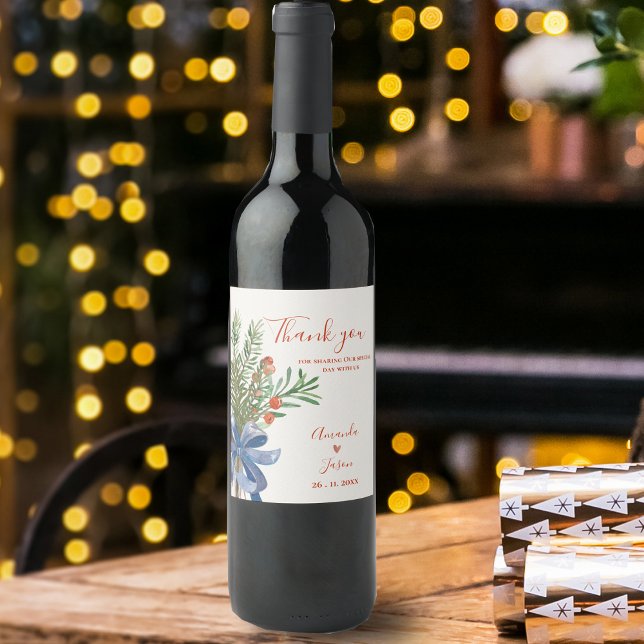 Rustikale Grüne Blätter Weihnachtsfeier in den Ber Weinetikett (Rustic Green Leaves Red Berries Christmas Wedding Wine Label)