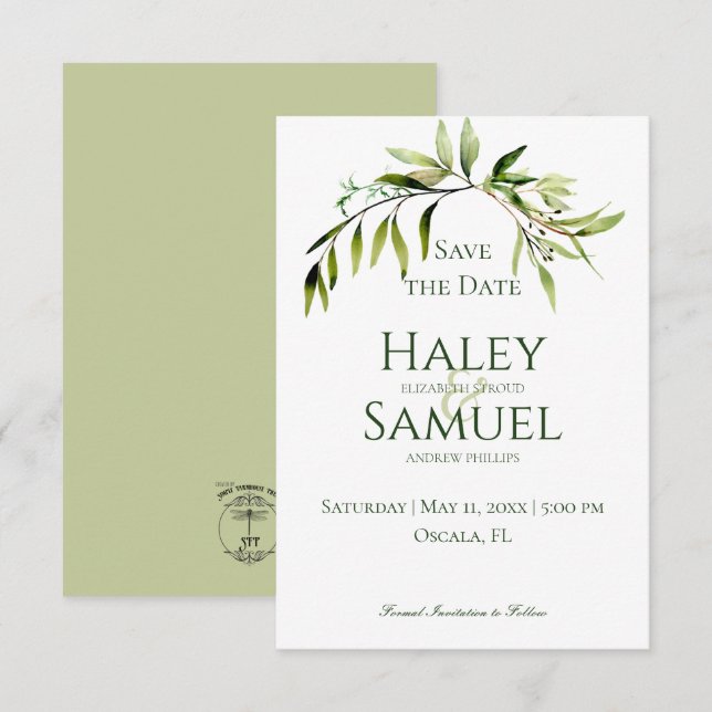 Rustikale Grüne Bough Wedding Save The Date (Vorne/Hinten)