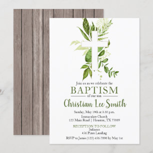 Rustikale Grüne Cross Boy Taufe Einladung