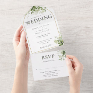 Rustikale grüne elegante Goldbogen-Hochzeit All In One Einladung
