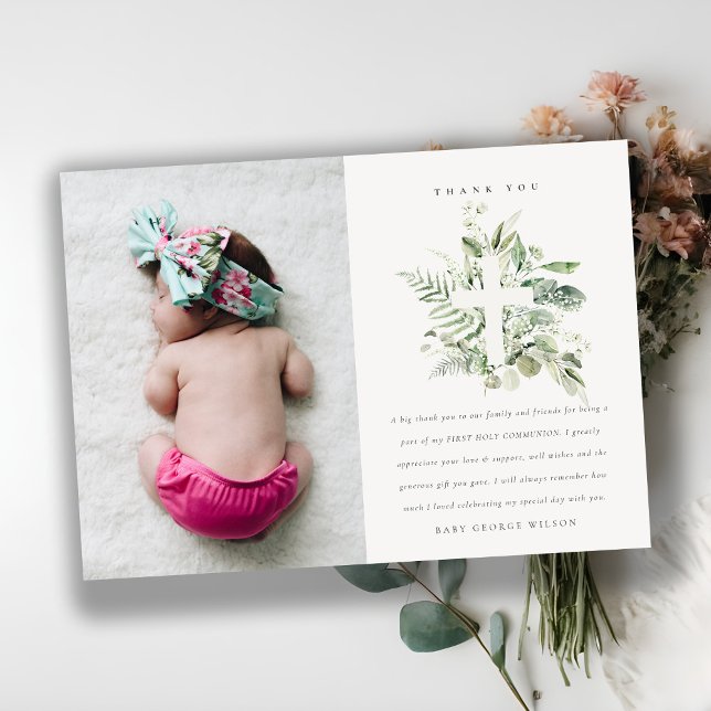 Rustikale grüne Eukalyptus Fauna Cross Foto Taufe Dankeskarte (Von Creator hochgeladen)