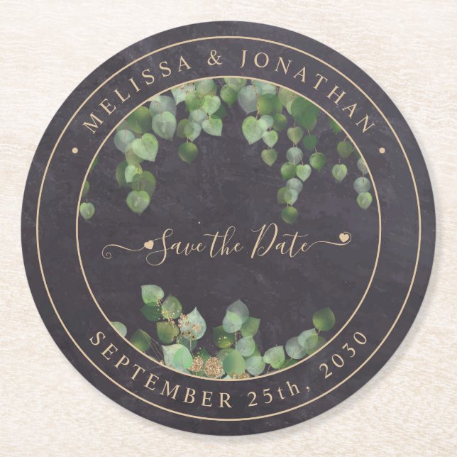 Rustikale Grüne Gold Hochzeit retten Datum Runder Pappuntersetzer (Vorderseite)