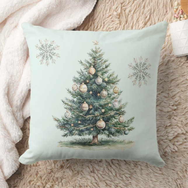 Rustikale grüne Goldcreme Weihnachtsbaum Schneeflo Kissen (Decke)