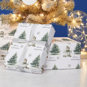 Rustikale Grüne goldene Creme Snowman Weihnachtsba Geschenkpapier