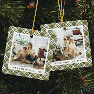 Rustikale grüne Karo-Weihnachtsfamilien-Fotocollag Keramikornament