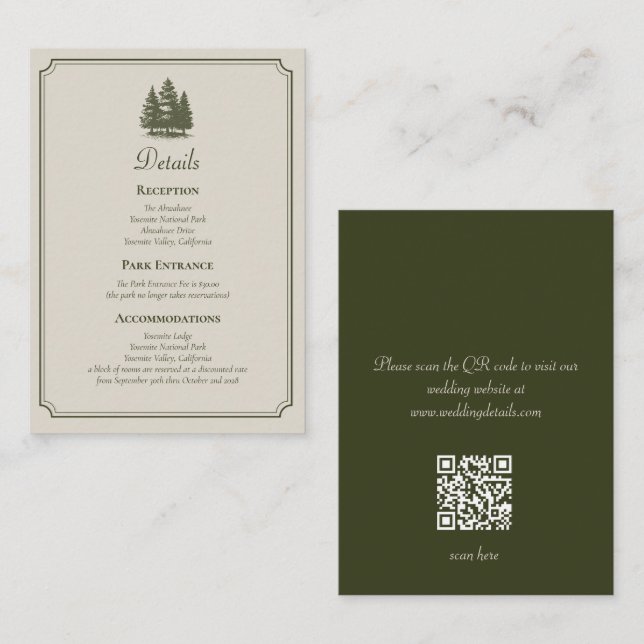 Rustikale grüne Minimal-QR-Code-Hochzeit im Wald Begleitkarte (Vorne/Hinten)