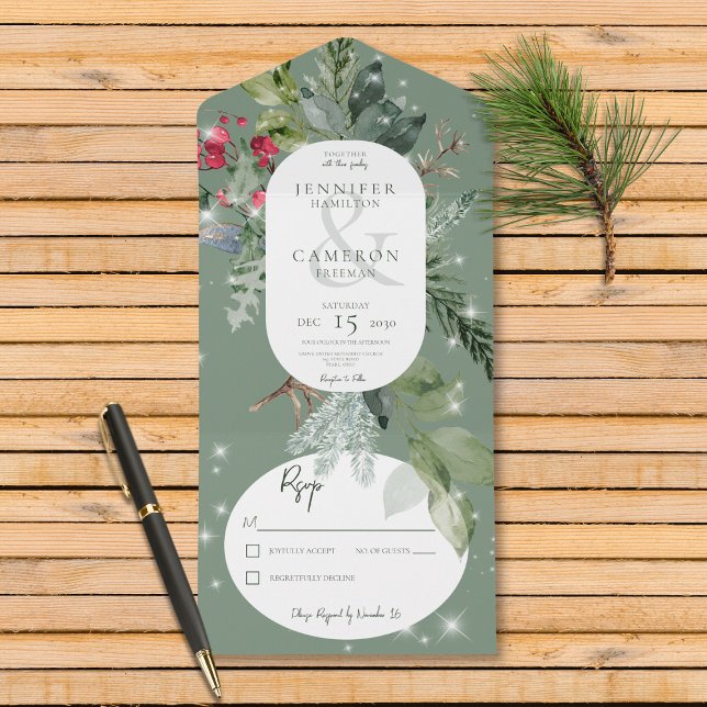 Rustikale grüne Pine & Holly Winter Sparkasse Kein All In One Einladung (Also available with a QR code or with dinner selection options.)
