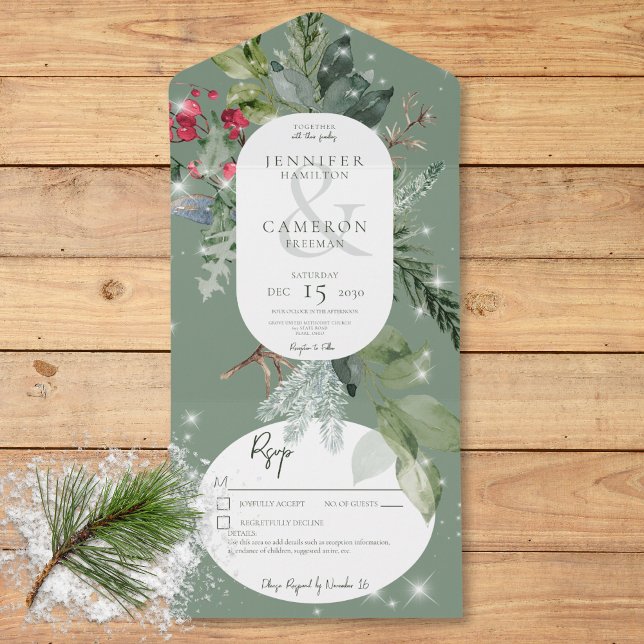 Rustikale grüne Pine & Holly Winter Sparkone Detai All In One Einladung (Rustic Green Pine & Holly Winter Sparkle Details All In One Invitation)