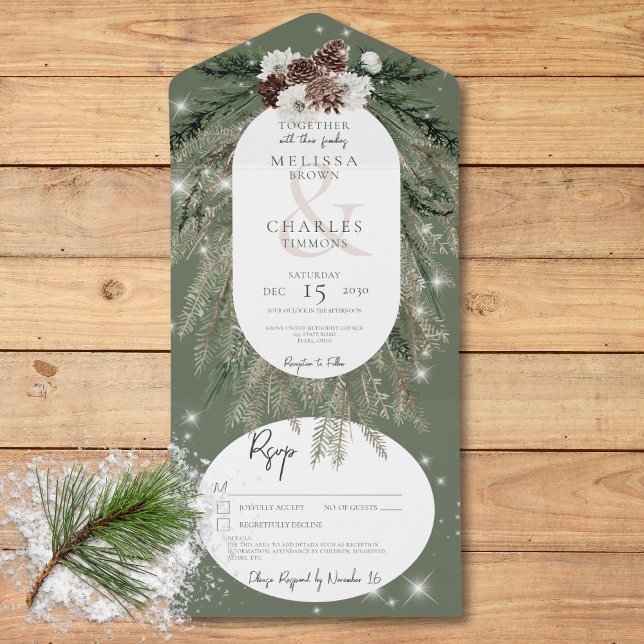 Rustikale Grüne Pine Winter Sparkone Details All In One Einladung (Rustic Green Pine Winter Sparkle Details All In One Invitation)