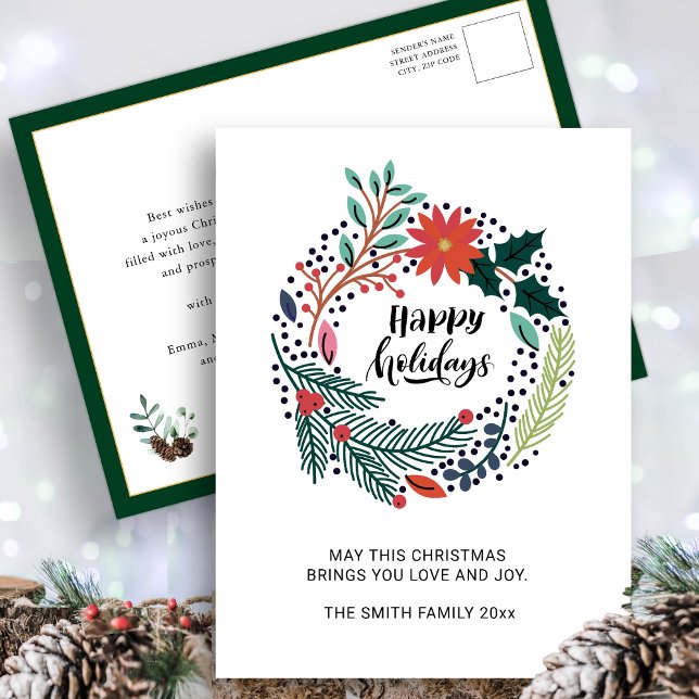 Rustikale Grüne Rote Poinsettia Blumenreath Chic Postkarte (Von Creator hochgeladen)