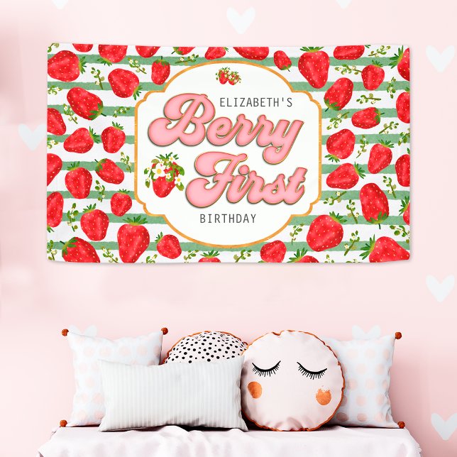 Rustikale grüne Streifen Berry Erster Geburtstag Banner (Von Creator hochgeladen)