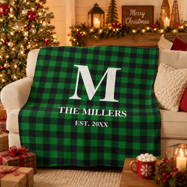 Rustikale grüne und schwarze Buffalo-Karo-Monogram Fleecedecke (Rustic Green and Black Buffalo Plaid Monogram Fleece Blanket)