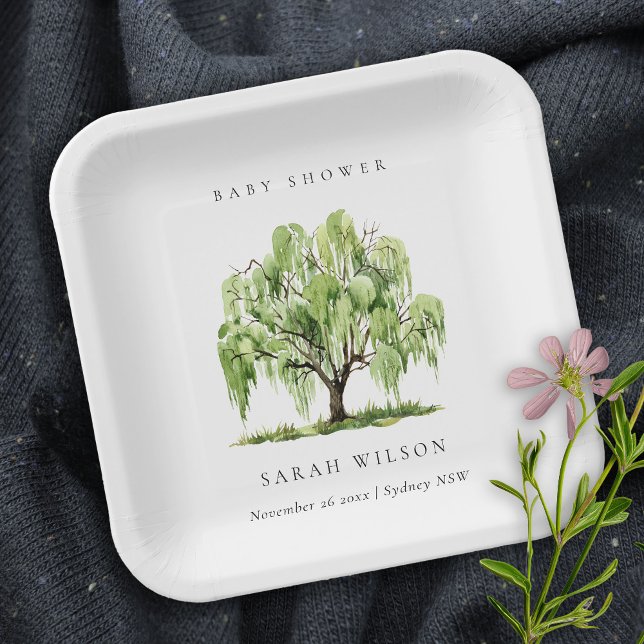 Rustikale grüne Wasserfarbe Willow Tree Babydusche Pappteller (Von Creator hochgeladen)