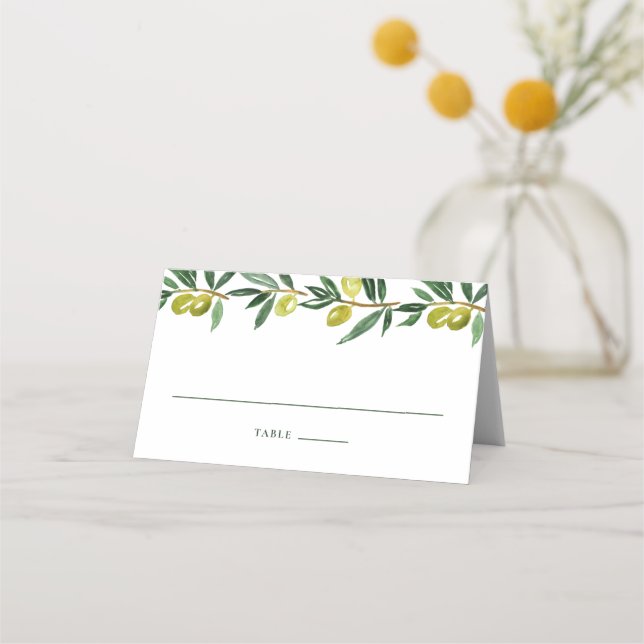 Rustikale Grüne Wasserfarben Olivenhaine Hochzeit Platzkarte (Vorderseite)