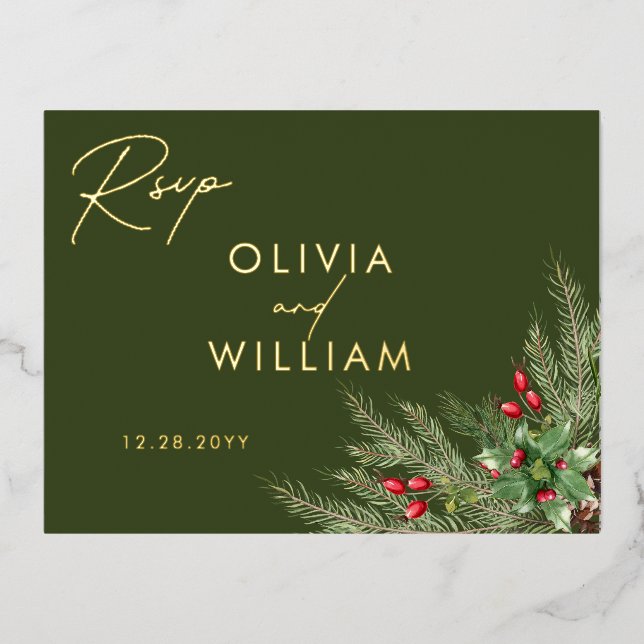 Rustikale Grüne Weihnachtsfeier Hochzeit RSVP Folie Einladungspostkarte (Vorderseite)