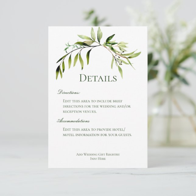 Rustikale Grünpflanzen Details zur Hochzeit Begleitkarte (Stehend Vorderseite)