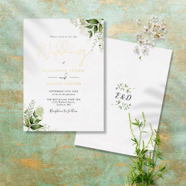 Rustikale Grünpflanzen Elegant Monogram Wedding Go Folieneinladung (Von Creator hochgeladen)