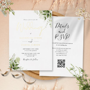 Rustikale Grünpflanzen QR Code Elegant Wedding Gol Folieneinladung