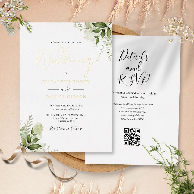 Rustikale Grünpflanzen QR Code Elegant Wedding Gol Folieneinladung (Rustic Greenery QR Code Elegant Wedding Gold Foil Invitation)