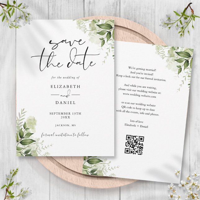 Rustikale Grünpflanzen QR Code Hochzeit Save The Date (Rustic Greenery Floral QR Code Wedding Save The Date)