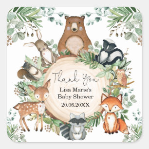 Rustikale Grünpflanzen Woodland Baby Animals Favor Quadratischer Aufkleber