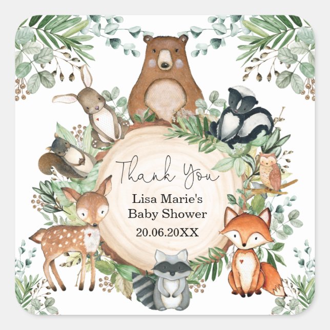 Rustikale Grünpflanzen Woodland Baby Animals Favor Quadratischer Aufkleber (Vorderseite)