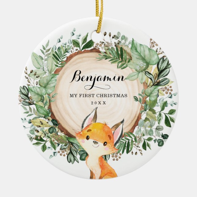 Rustikale Grünpflanzen Woodland Fox Kindermädchen  Keramik Ornament (Vorne)