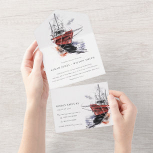Rustikale Hafen-Yacht-Segelboot-Aquarell-Hochzeit All In One Einladung