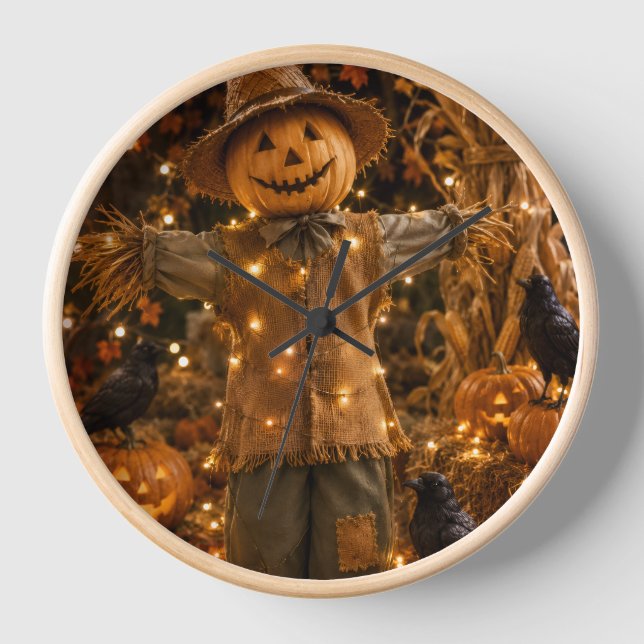 Rustikale Halloween-Vogelscheuche-Wanduhr Uhr (Vorderseite)