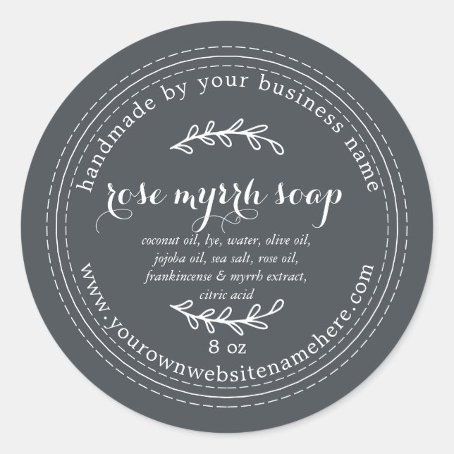 Rustikale handgefertigte Rose Myrrh Soap Off Black Runder Aufkleber (Vorderseite)